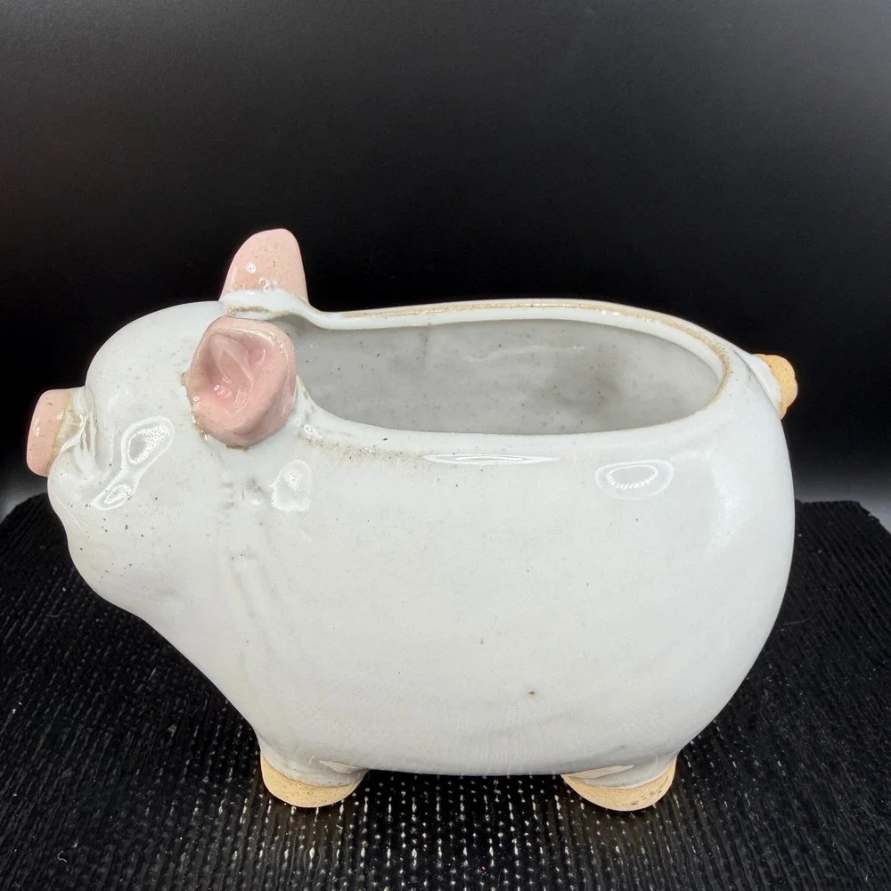 Smiling Ceramic Pig Planter White Pink Indoor Succulent Pot‎ Drainage Hole 6x4